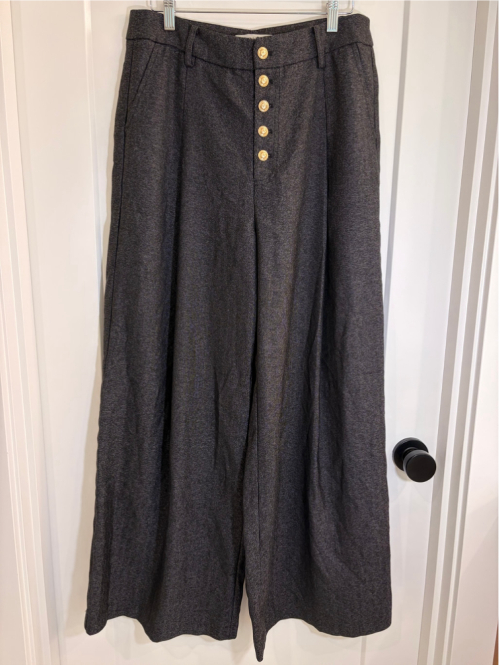 Commense Charcoal Herringbone Wide Leg Trousers Gold Button Fly Women's Size L
